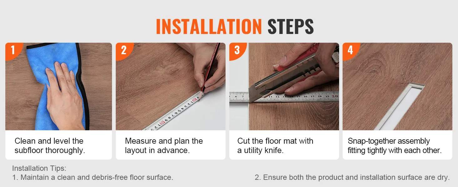 installation steps for VEVOR vinyl floor tiles: clean, measure, cut, and snap-together assembly.