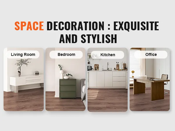 VEVOR vinyl floor tiles in living room, bedroom, kitchen, and office settings. stylish and versatile flooring.