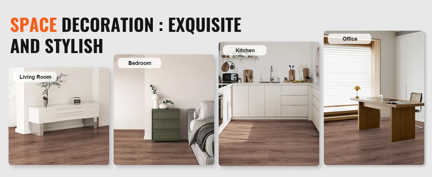 VEVOR vinyl floor tiles in living room, bedroom, kitchen, and office settings. stylish and versatile flooring.