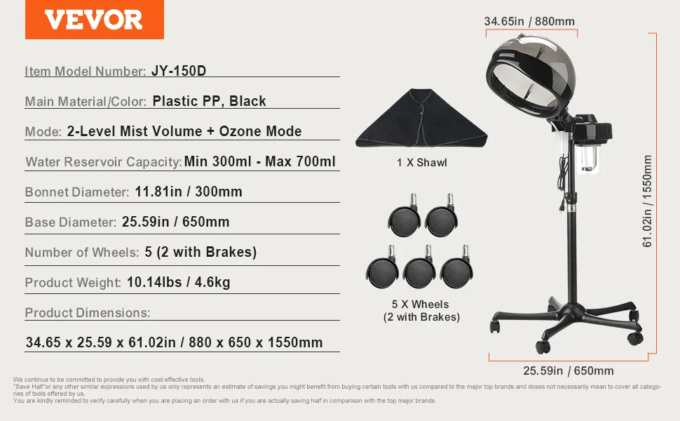 VEVOR Professional Hair Steamer for Deep Conditioning, 11.81-inch Hooded Ionic Hair Steamer with 2 Modes, Height-Adjustable Standing Hair Steamer with Timer, 5 Wheels (2 Lockable) for Salon Home Spa