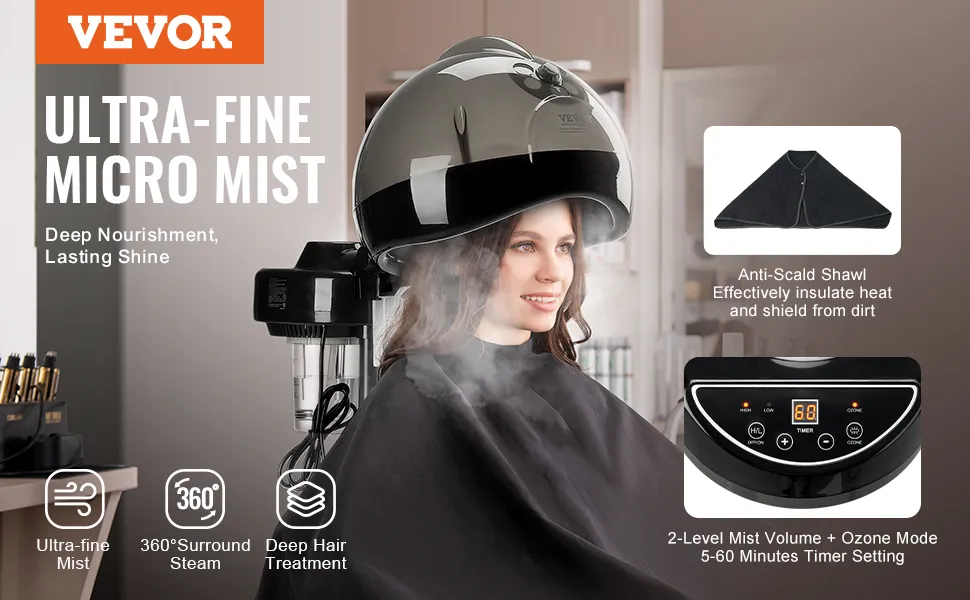 Jonowa parownica do włosów VEVOR zapewnia głęboką pielęgnację włosów za pomocą ultradrobnej mgiełki, pary 360° i trybu ozonowego.