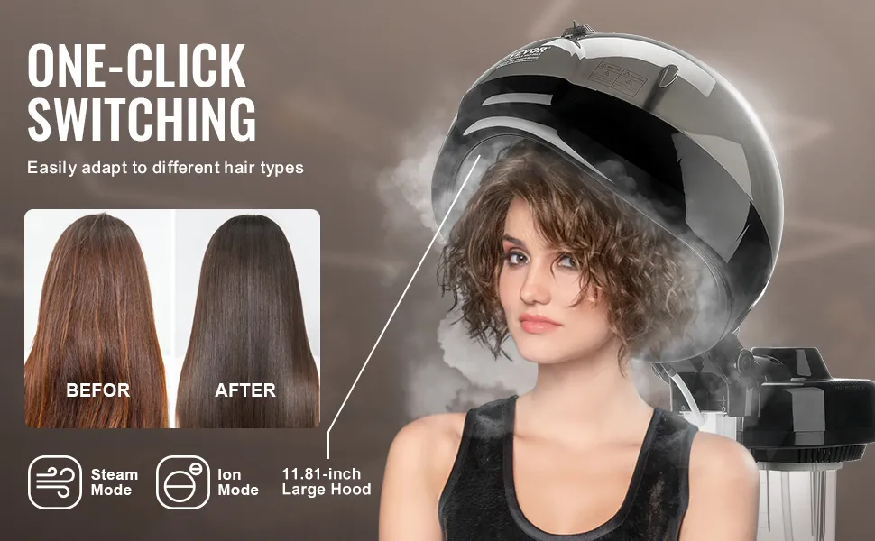 Jonizator do włosów VEVOR z funkcją przełączania jednym kliknięciem, trybami pary i jonizacji, dużą obudową, zapewnia efekt „przed i po”.