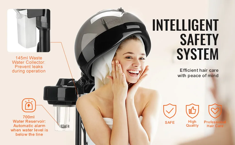Jonizator do włosów VEVOR z inteligentnym systemem bezpieczeństwa, zbiornikiem na zużytą wodę o pojemności 145 ml i zbiornikiem o pojemności 700 ml.