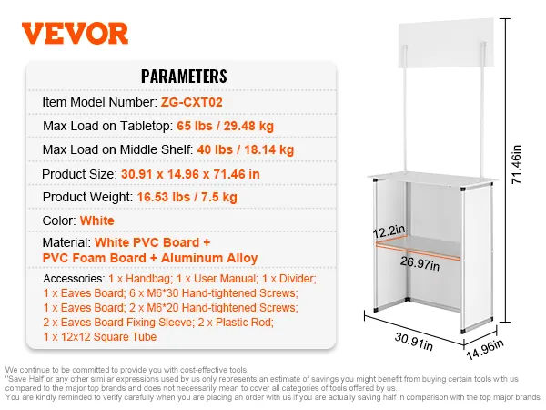VEVOR promotion counter details with dimensions, weight, load capacity, materials, and accessories.