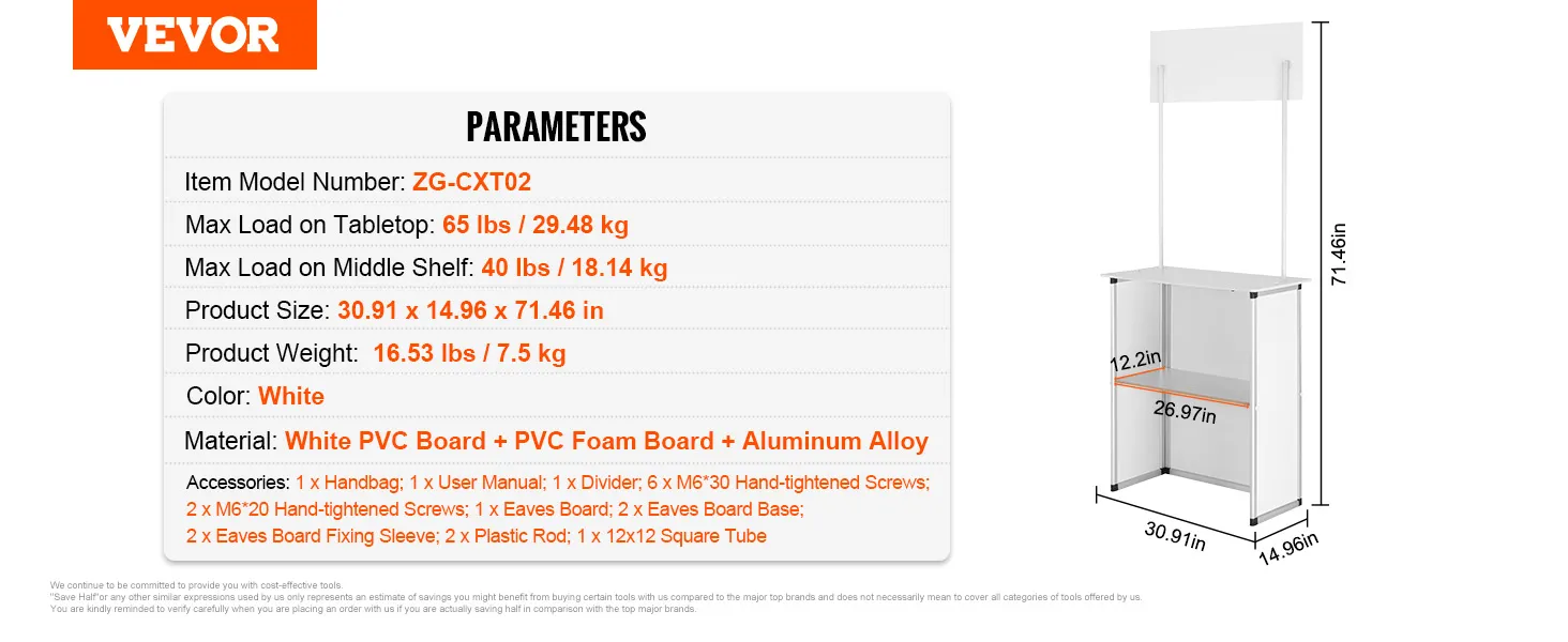 VEVOR promotion counter details with dimensions, weight, load capacity, materials, and accessories.