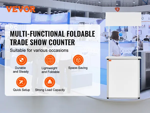 VEVOR promotion counter at a trade show with features like durability, lightweight, quick setup, and space-saving.