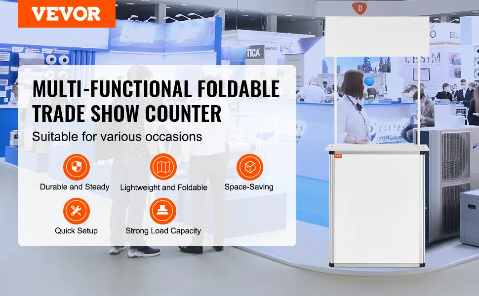 VEVOR Promotion Counter Table, Portable Tradeshow Podium Table, 30.91" x 14.96" x 71.46", Display Exhibition Counter Stand Booth Fair with Wall, Pop Up Podium with Storage Rack/Carrying Bag