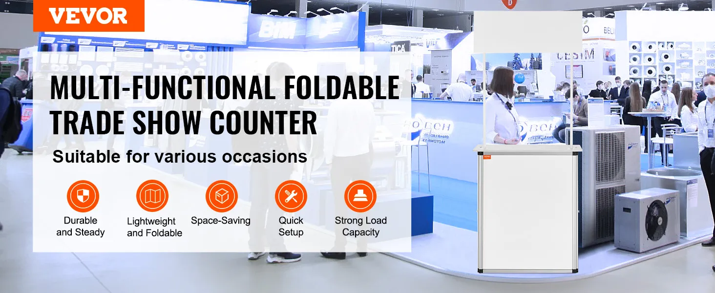 VEVOR promotion counter at a trade show with features like durability, lightweight, quick setup, and space-saving.