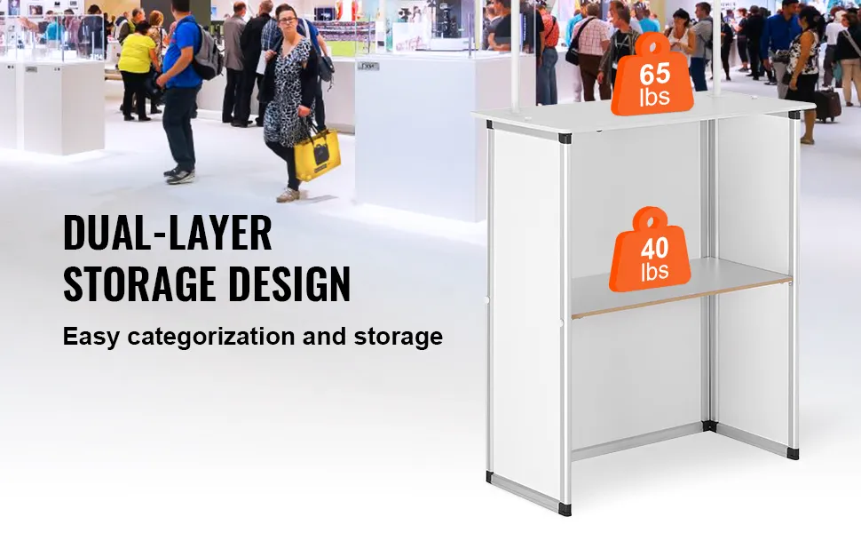 VEVOR Promotion Counter Table, Portable Tradeshow Podium Table, 30.91" x 14.96" x 71.46", Display Exhibition Counter Stand Booth Fair with Wall, Pop Up Podium with Storage Rack/Carrying Bag