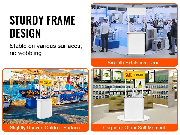 VEVOR promotion counter on exhibition floor, outdoor market, and retail store, showcasing stability features.