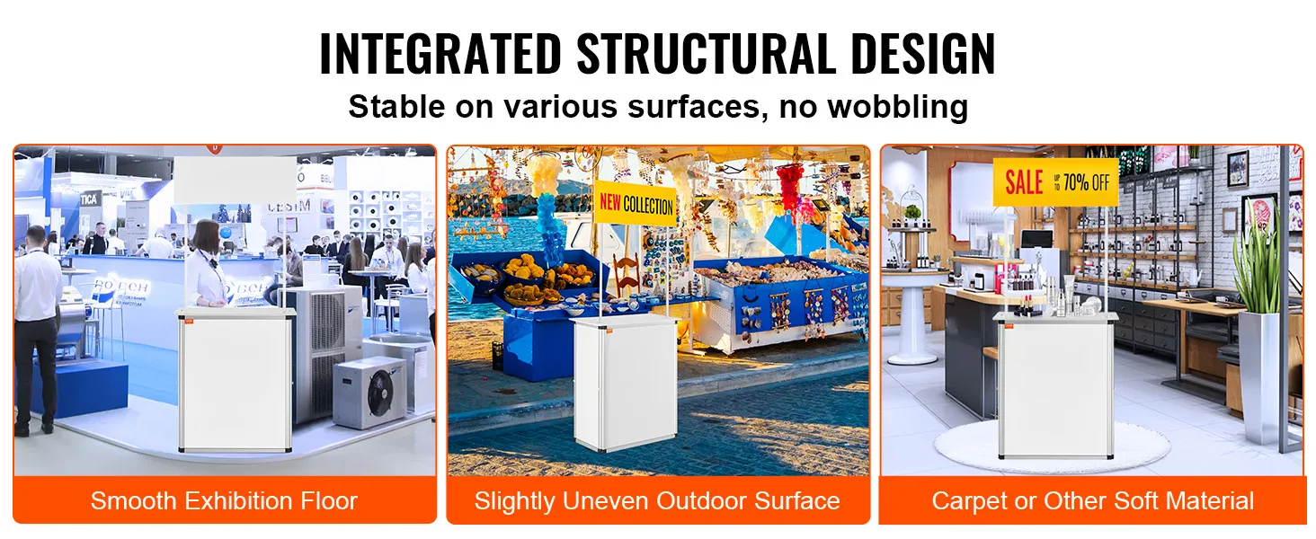 VEVOR promotion counter on exhibition floor, outdoor market, and retail store, showcasing stability features.