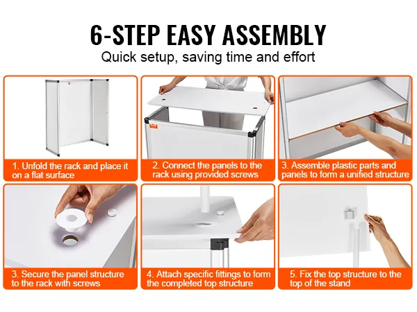 6-step assembly guide for VEVOR promotion counter, highlighting quick setup to save time and effort.
