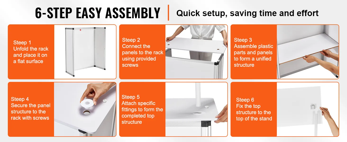 6-step assembly guide for VEVOR promotion counter, highlighting quick setup to save time and effort.