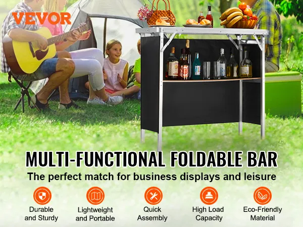 Mesa de bar portátil VEVOR en entorno de parque con bebidas y snacks, resaltando su uso multifuncional.