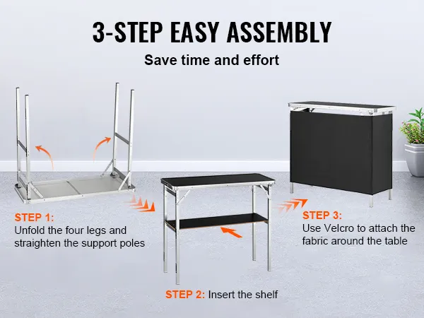 Guía de montaje de 3 pasos para la mesa de bar portátil VEVOR: desplegar las patas, insertar el estante, fijar la tela con velcro.