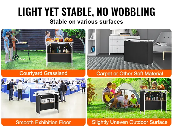 Patio con pastizales, alfombra interior, sala de exposiciones y configuración de picnic al aire libre con mesa de bar portátil VEVOR.