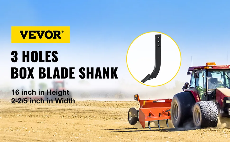 VEVOR box blade shank with 3 holes, 16 inches in height, on a tractor in a field.