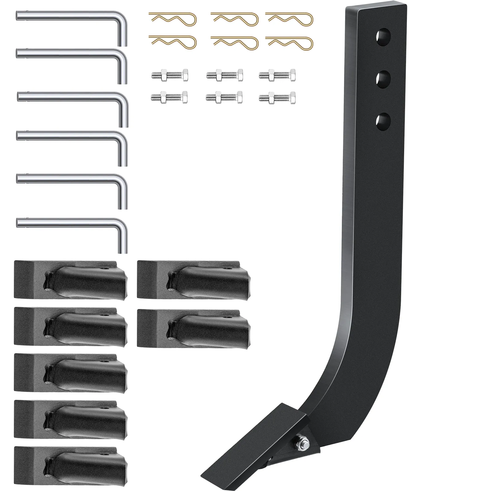 VEVOR box blade shank with hardware set including bolts, washers, pins, and brackets.