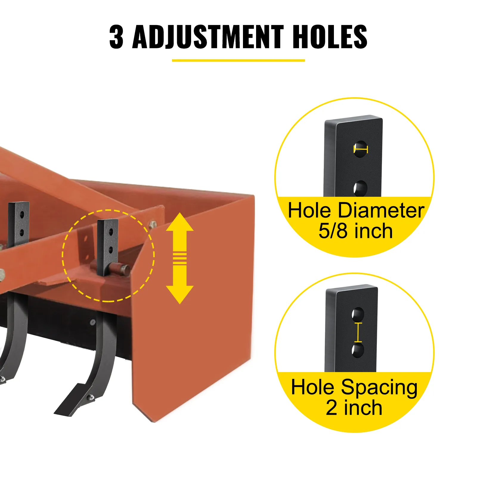 VEVOR box blade shank with 3 adjustment holes, 5/8 inch hole diameter, and 2 inch spacing.