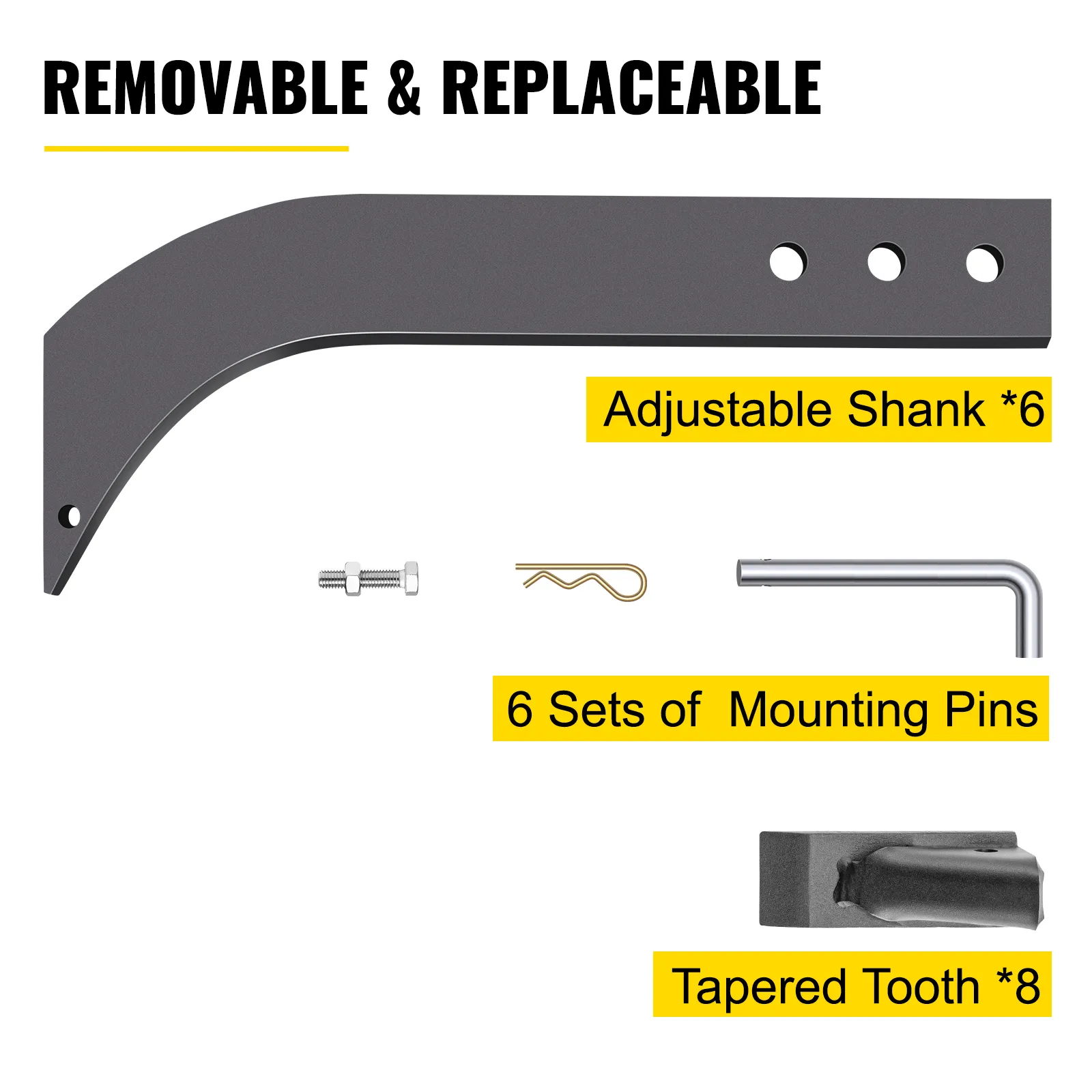 VEVOR box blade shank: removable, replaceable, adjustable shank, mounting pins, tapered tooth.