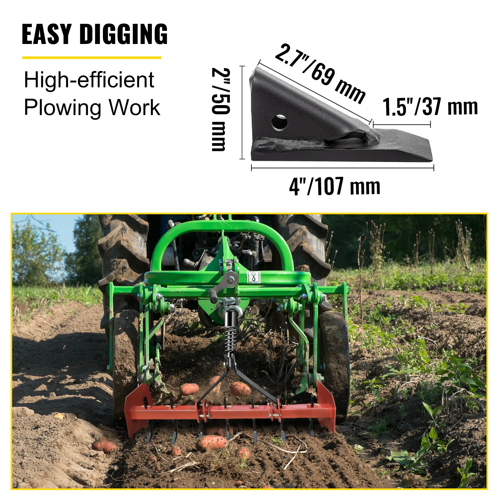 VEVOR box blade shank demonstrating efficient plowing for easy digging and soil preparation.