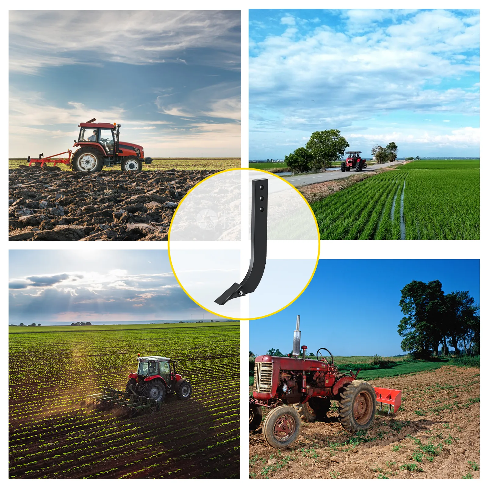 farming tractors in fields with VEVOR box blade shank inset.