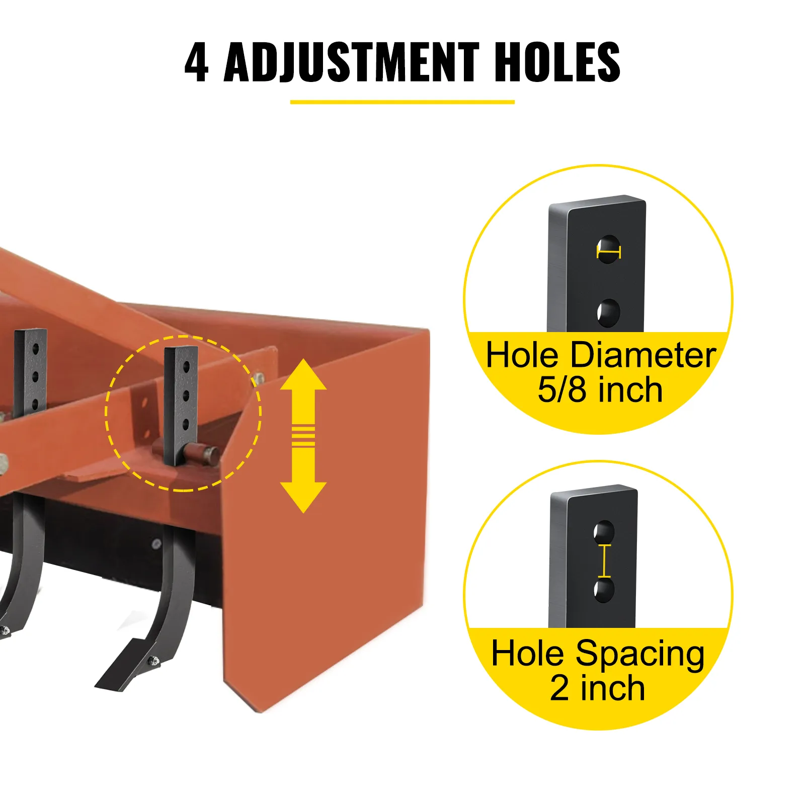 VEVOR box blade shank featuring four adjustment holes, 5/8 inch diameter, and 2 inch spacing.