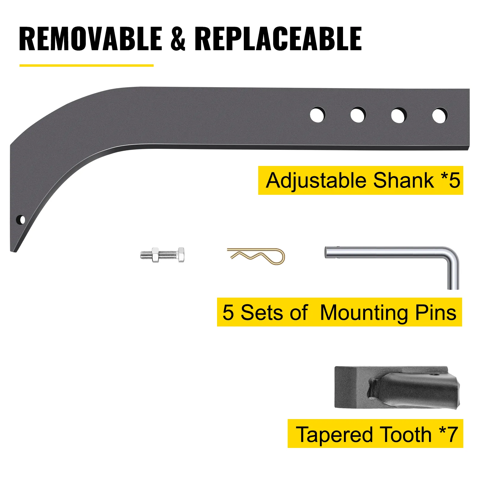VEVOR box blade shank with adjustable shank, mounting pins, and tapered tooth.