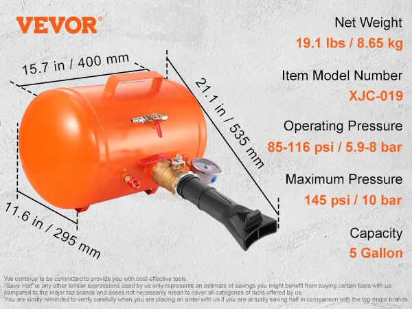Asentador de talones de neumáticos VEVOR, modelo xjc-019. Capacidad: 5 galones. Dimensiones: 21,1 x 15,7 x 11,6 pulgadas.