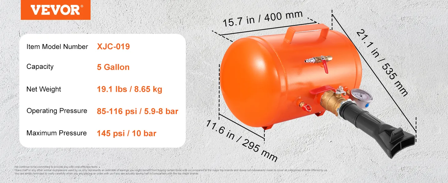 Asentador de talones de neumáticos VEVOR, modelo xjc-019. Capacidad: 5 galones. Dimensiones: 21,1 x 15,7 x 11,6 pulgadas.