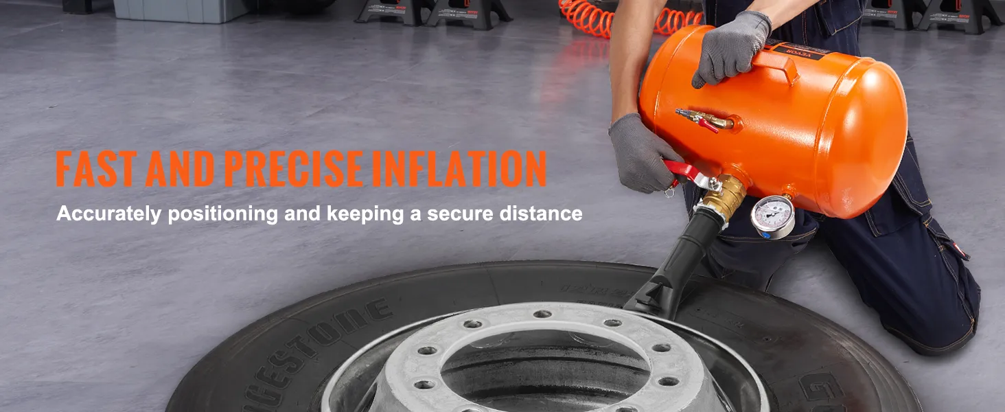 technician using VEVOR tire bead seater to inflate a tire, ensuring precise positioning and safety.