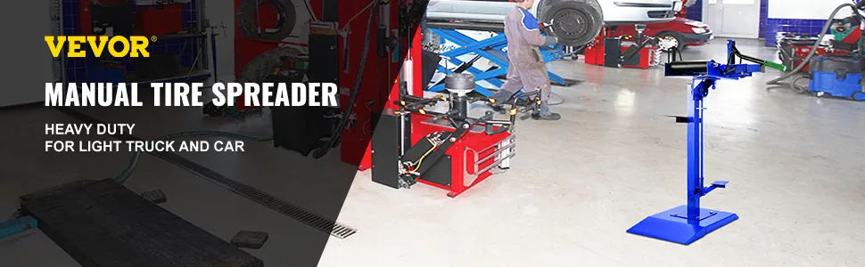 Rozkładarka opon VEVOR w warsztacie samochodowym z wyposażeniem i pojazdami.