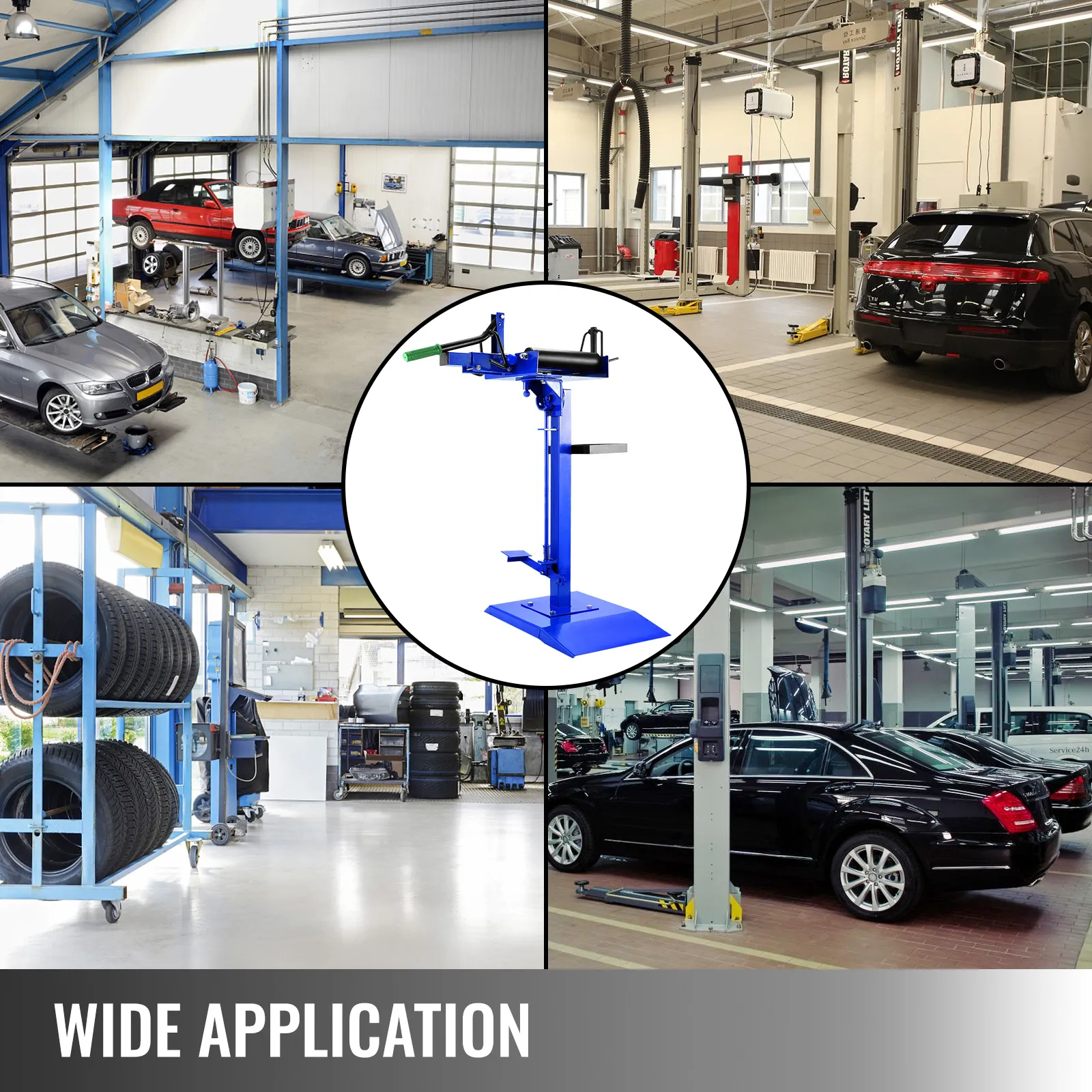 Rozpieracz opon VEVOR stosowany w różnych warsztatach samochodowych, ma szerokie zastosowanie.