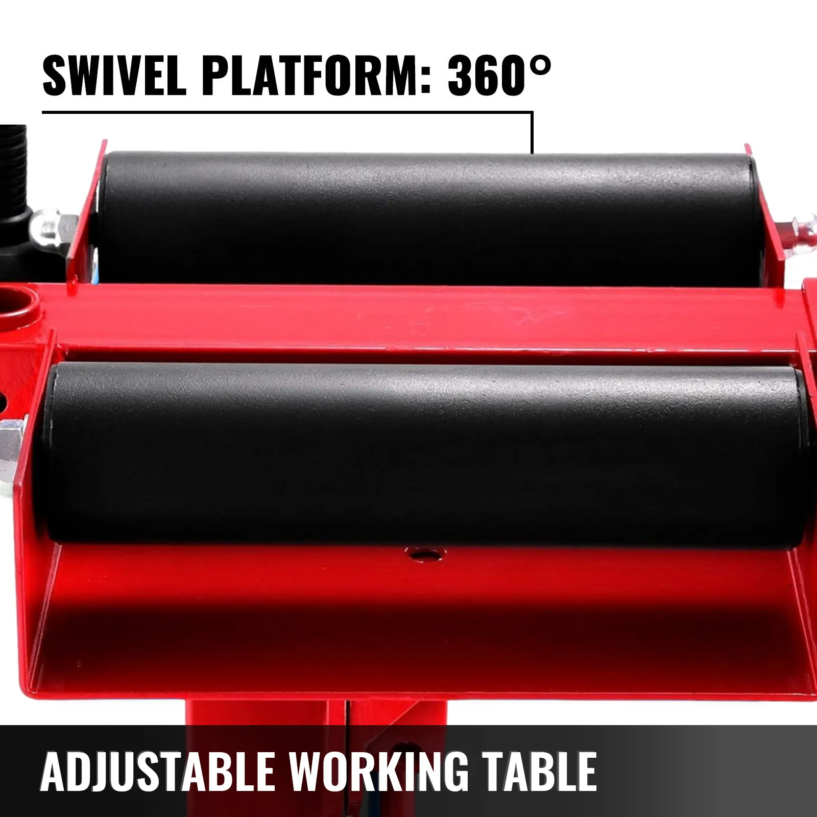 Esparcidor de neumáticos VEVOR azul con brazos ajustables y mango verde sobre una base resistente.