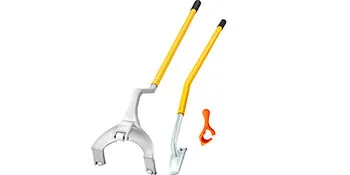 Herramientas para montar y desmontar neumáticos con mangos amarillos y un pequeño accesorio naranja.