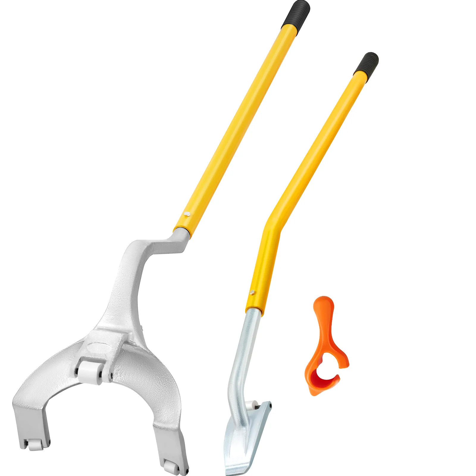 Herramienta para desmontar y montar neumáticos VEVOR con mangos amarillos y accesorio de plástico naranja.