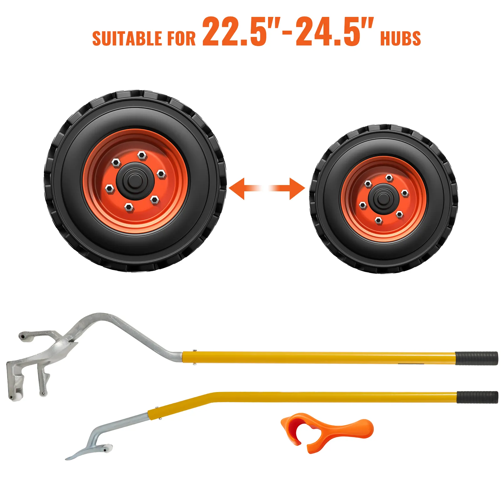 Herramienta de desmontaje y montaje de neumáticos VEVOR adecuada para bujes de 22,5" a 24,5" con mangos amarillos.
