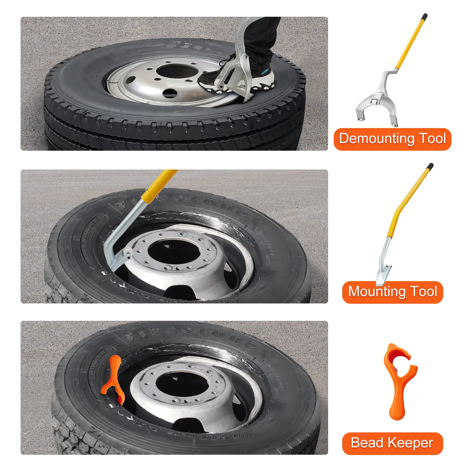 Herramienta de desmontaje y montaje de neumáticos VEVOR en uso con protector de talón y herramienta de montaje.