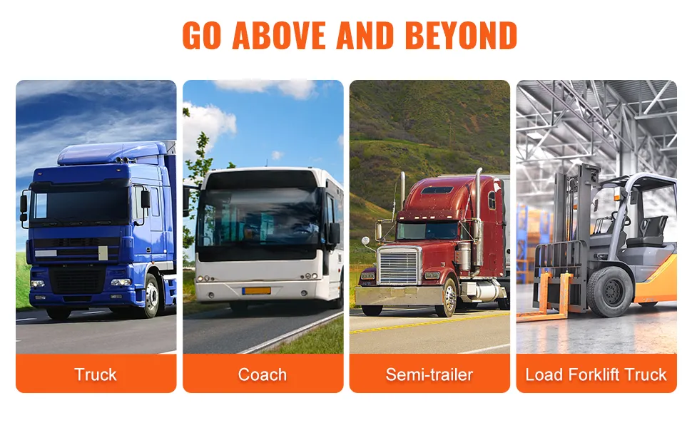 camión, autocar, semirremolque y carretilla elevadora bajo el lema "ir más allá".