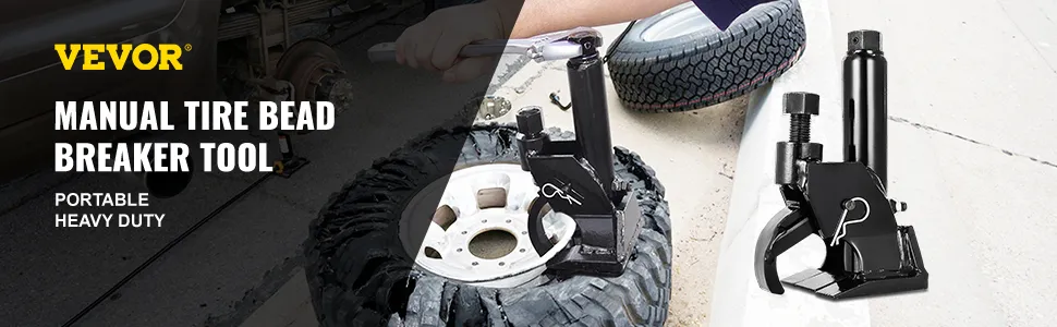 VEVOR manual tire bead breaker tool in use on a heavy-duty tire.