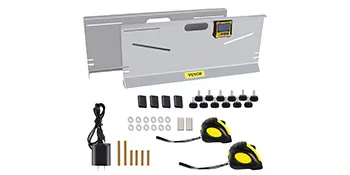 Herramienta de alineación de ruedas VEVOR con cinta métrica, pernos y accesorios de calibración.