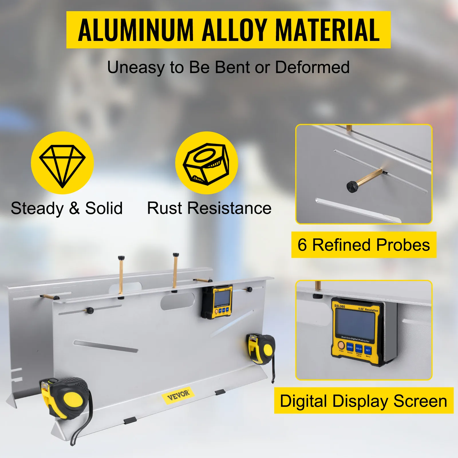 Herramienta de alineación de ruedas VEVOR: aleación de aluminio, 6 sondas refinadas, pantalla digital.