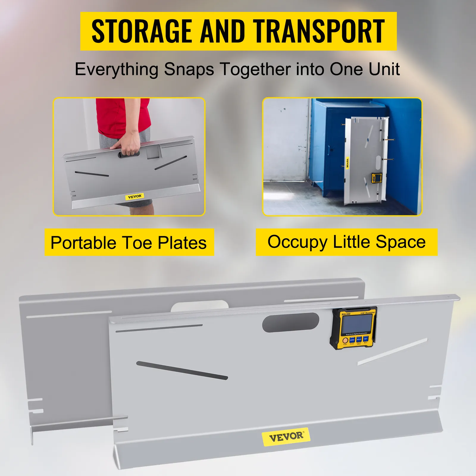 Herramienta de alineación de ruedas VEVOR con placas de puntera portátiles y almacenamiento que ahorra espacio.