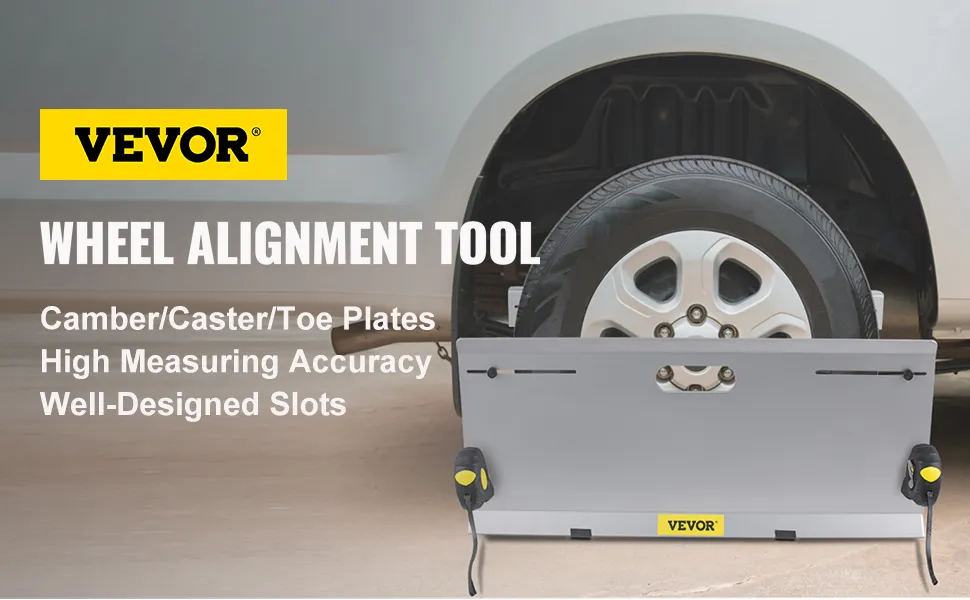 VEVOR wheel alignment tool with camber, caster, toe plates in front of car tire.