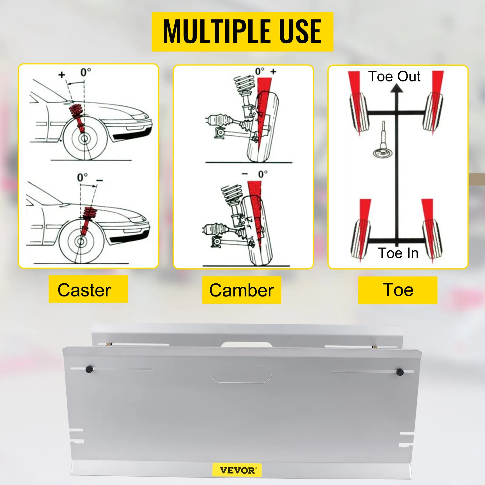 VEVOR wheel alignment tool diagram for caster, camber, and toe adjustments.