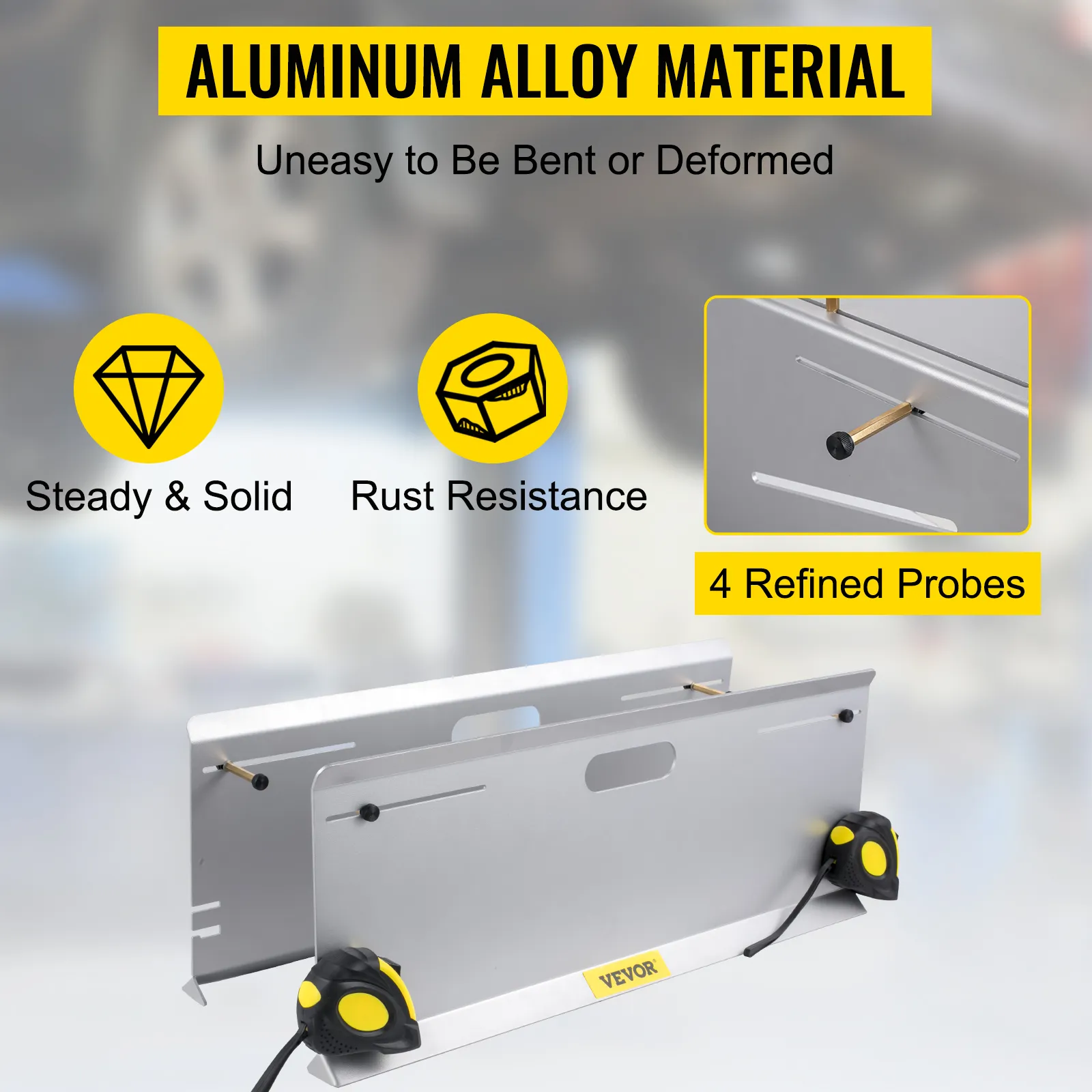 VEVOR wheel alignment tool with aluminum alloy material, refined probes, and rust resistance.
