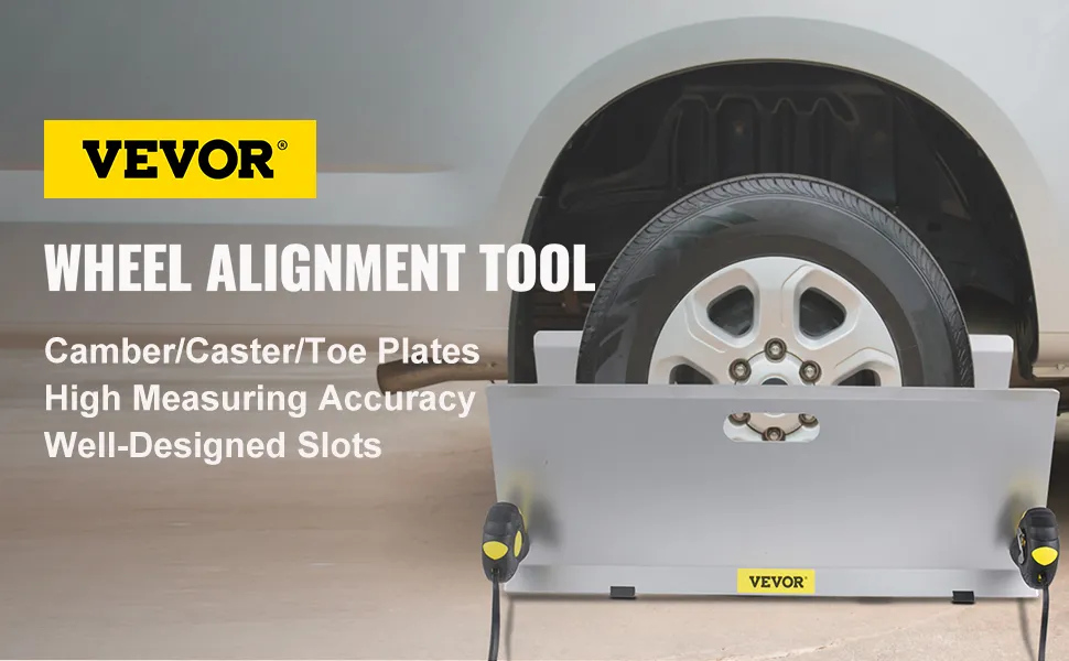 VEVOR wheel alignment tool in use, demonstrating camber, caster, and toe plate features.