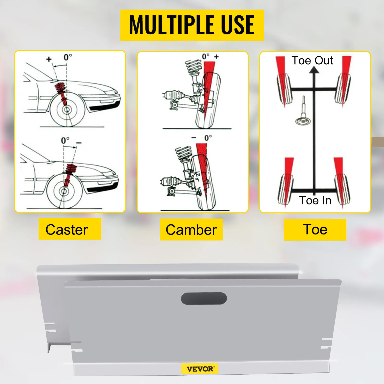 VEVOR wheel alignment tool showing caster, camber, and toe adjustments. multiple use.