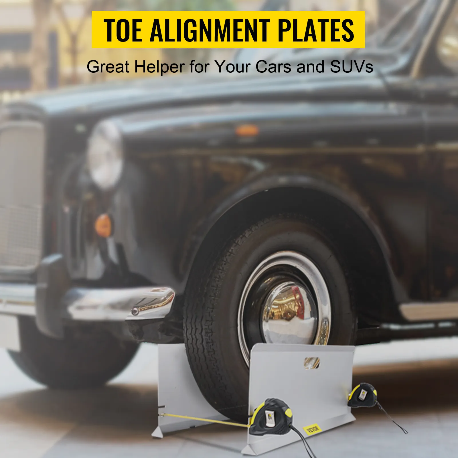 VEVOR wheel alignment tool shown improving car's wheel alignment with toe plates.