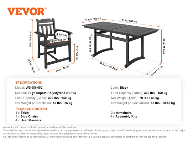 VEVOR patio dining set specifications showing dimensions, materials, and package content details.